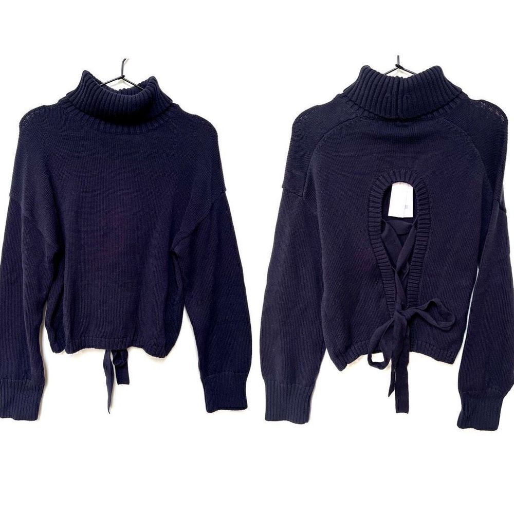 525 America Open Back Lace Up Turtleneck Chunky Knit Sweater Navy Blue S NWT